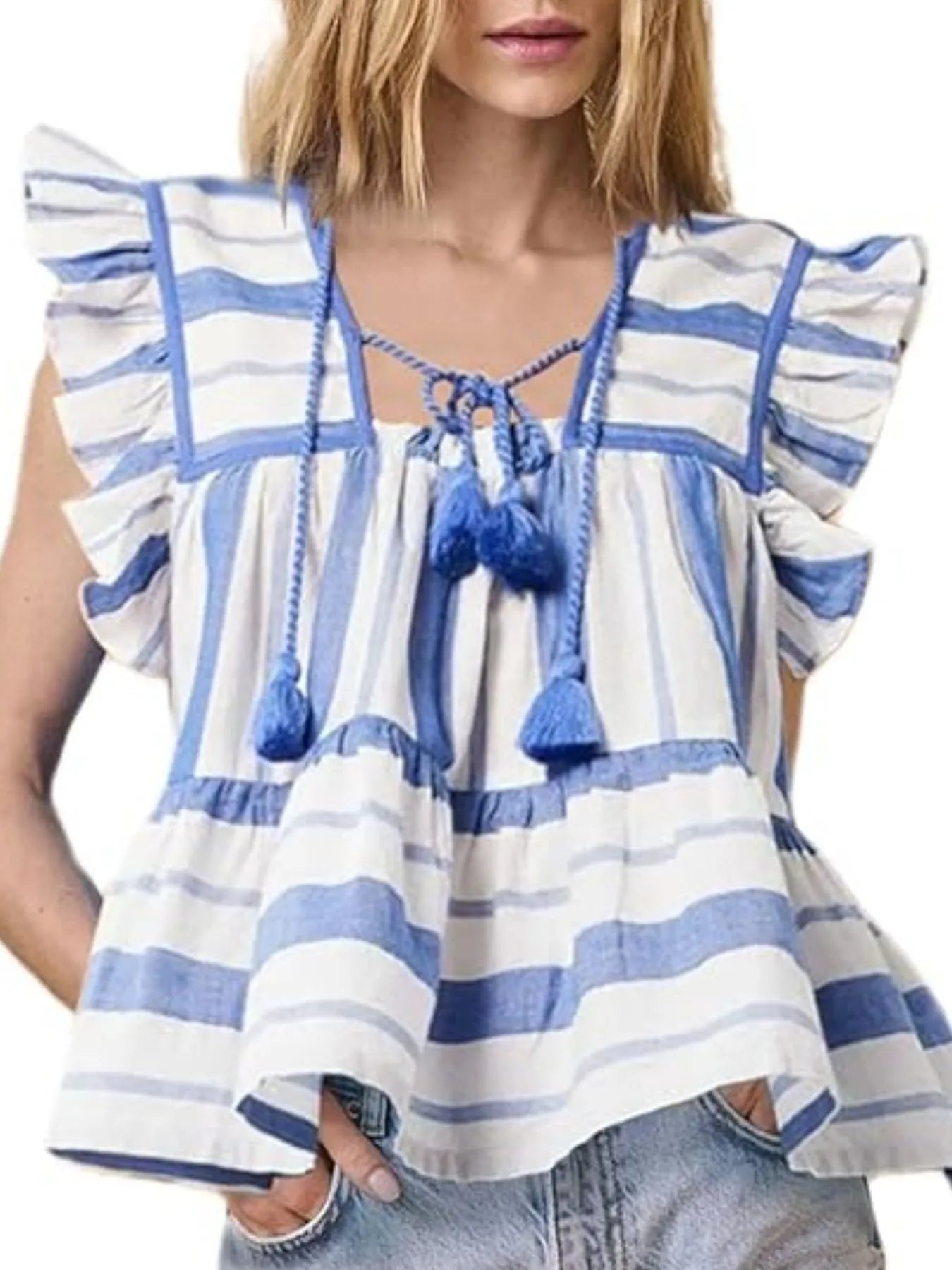 Tassel Ruffled Striped Blouse - Velora