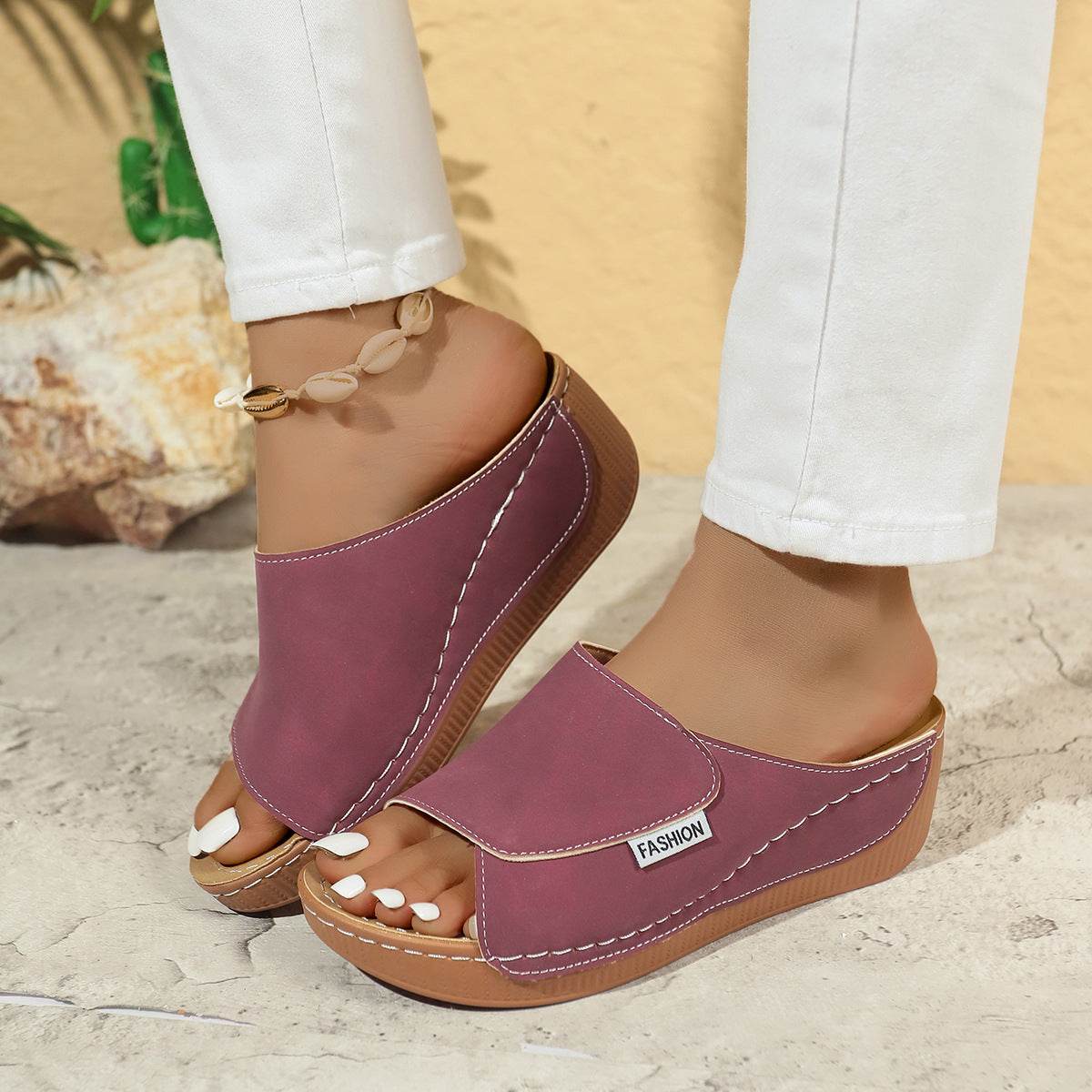 Summer Wedge Slides Slippers Fashion Fish Mouth Thick Bottom Roman Shoes Solid Color Beach Sandals For Women - Velora