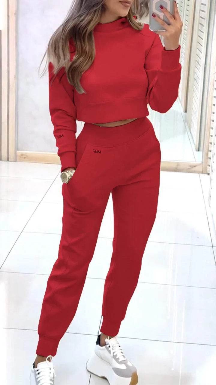 Stand Collar Sports Suit Fashion Pullover Long-sleeves Short Top And Slim Trousers With Pockets Solid Outfits Women's Clothing - Velora