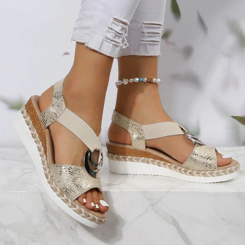 Women's Peep Toe Serpentine Wedges Sandals With Circle Design Casual Summer Shoes - Velora