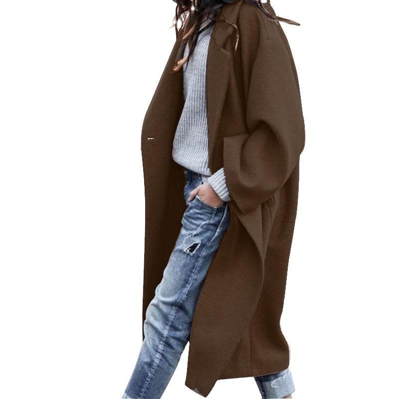 Casual Long Jacket With Pockets Solid Color Single Breasted Lapel Woolen Coat For Women Warm Winter Clothing - Velora