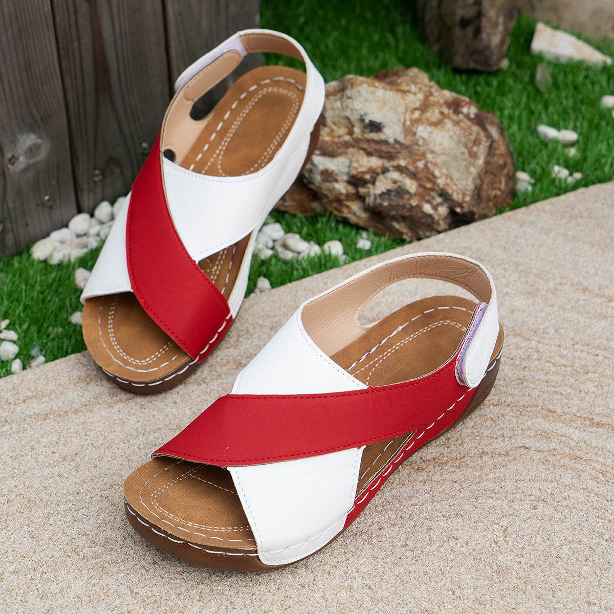 Summer Wedges Sandals With Colorblock Cross-strap Design Casual Thick-soled Roman Shoes For Women - Velora