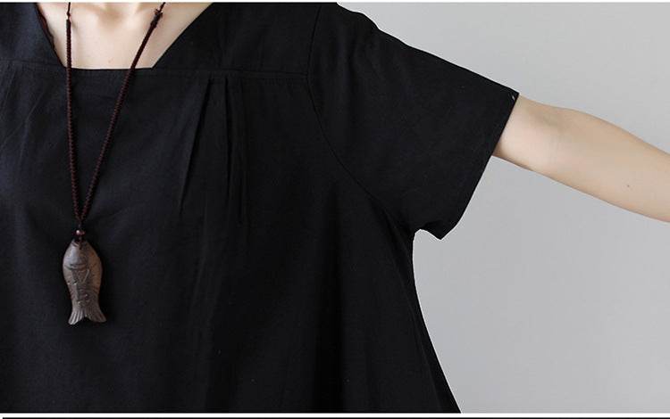 Cotton And Linen Short Sleeve Dress Large Size Women's Mid Length - Velora