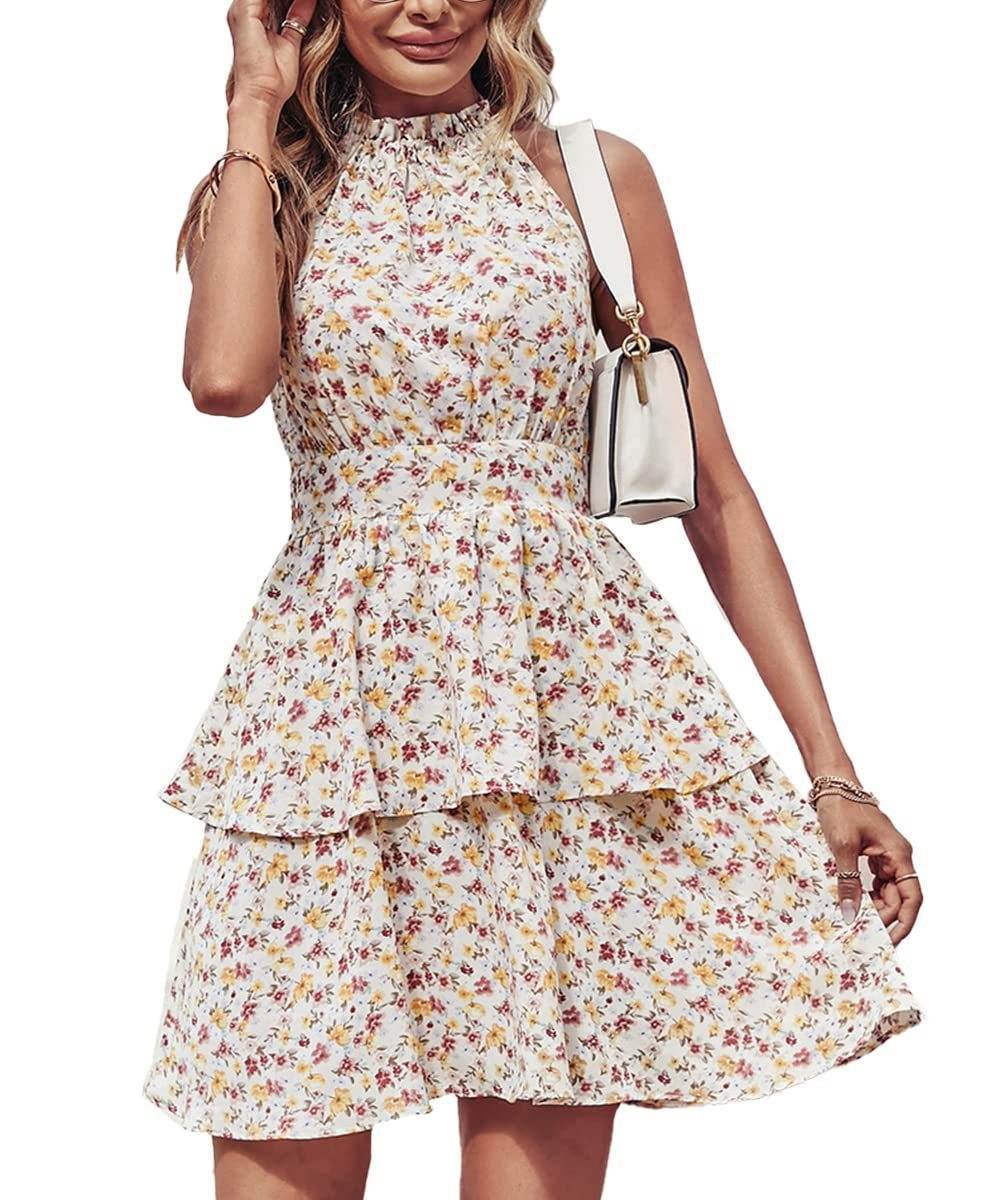 Summer Printed Halter Dress Fashion Boho Backless Ruffled A-Line Beach Dresses For Womens Clothing - Velora