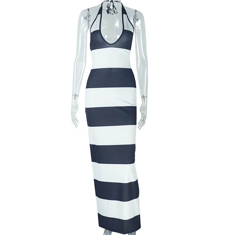Fashion Black And White Stripes Women's Striped Backless Dress - Velora