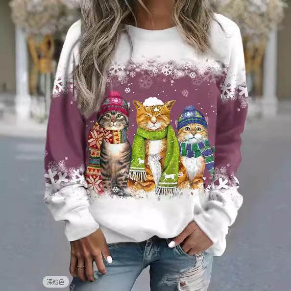 Cross-border Women's Christmas New Snowman And Cat Printed Long Sleeve Casual Loose-fitting T-shirt Christmas Supplies - Velora