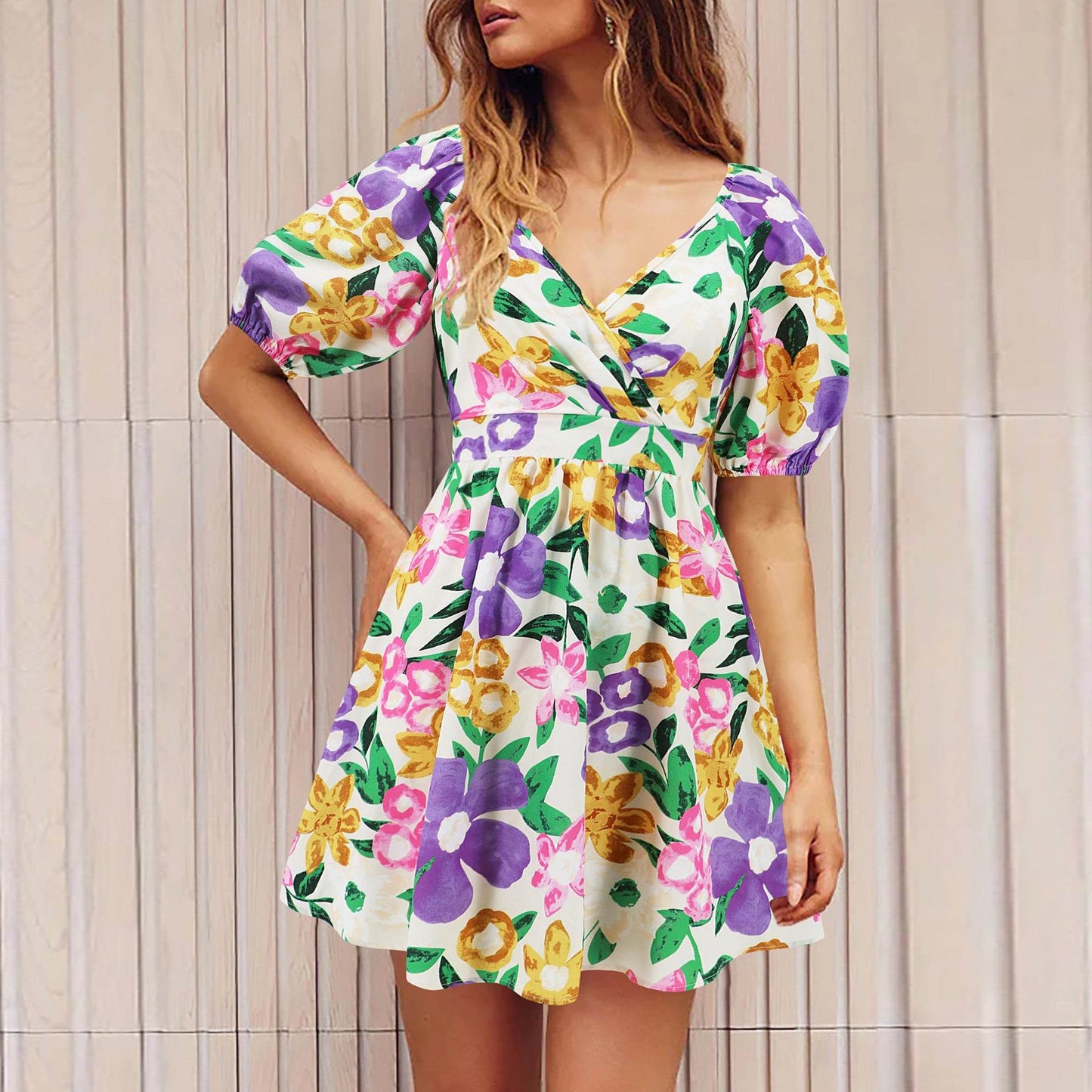 Flowers Print V-Neck Lantern-sleeve Dress Y2K Summer Vacation Beach Short Dresses Fashion Womens Clothing - Velora