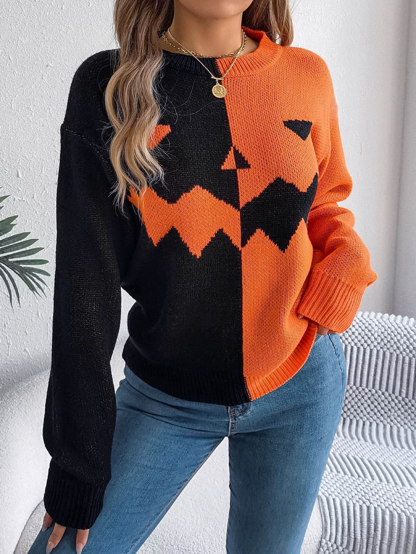 Halloween Contrast-color Pullover Sweater Fashion Long Sleeve Knitted Tops For Womens Clothing - Velora