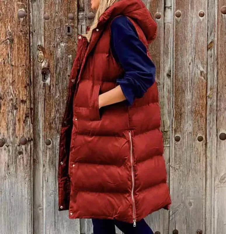 Pure Color Hooded Long Cotton Quilted Puffer Vest Casual - Velora