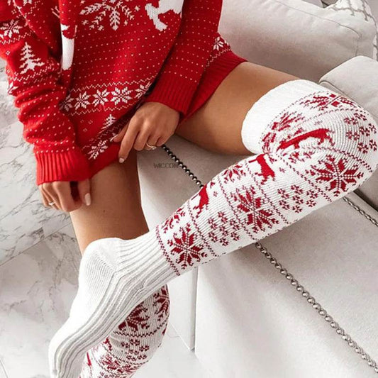 Winter Christmas Warm Knitted Women Stocking Beautiful Elk Snowflake Jacquard Over-the-knee Casual Long Socks For Ladies Gifts Free Size - Velora