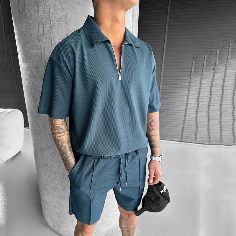 Summer Fashion Mens Clothing Men's Suits New Zipper Polo Casual Short Sleeve Drawstring Shorts Men's Set - Velora