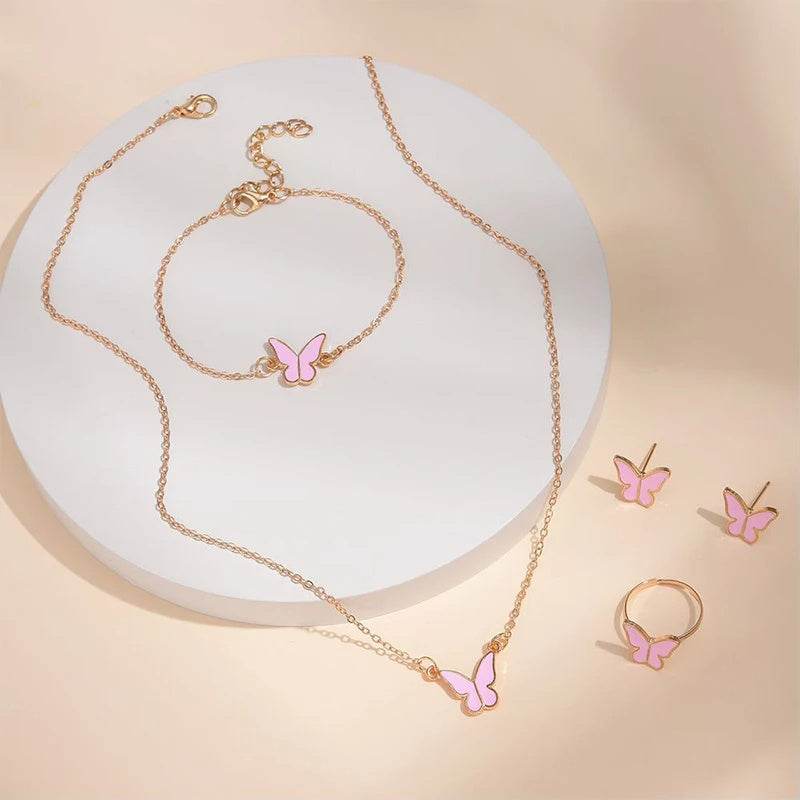 5PCS Fashion Butterfly Pendants Necklace Earrings Ring Bracelet Sets For Women Jewelry Set Bridal Wedding Jewelry Gift - Velora
