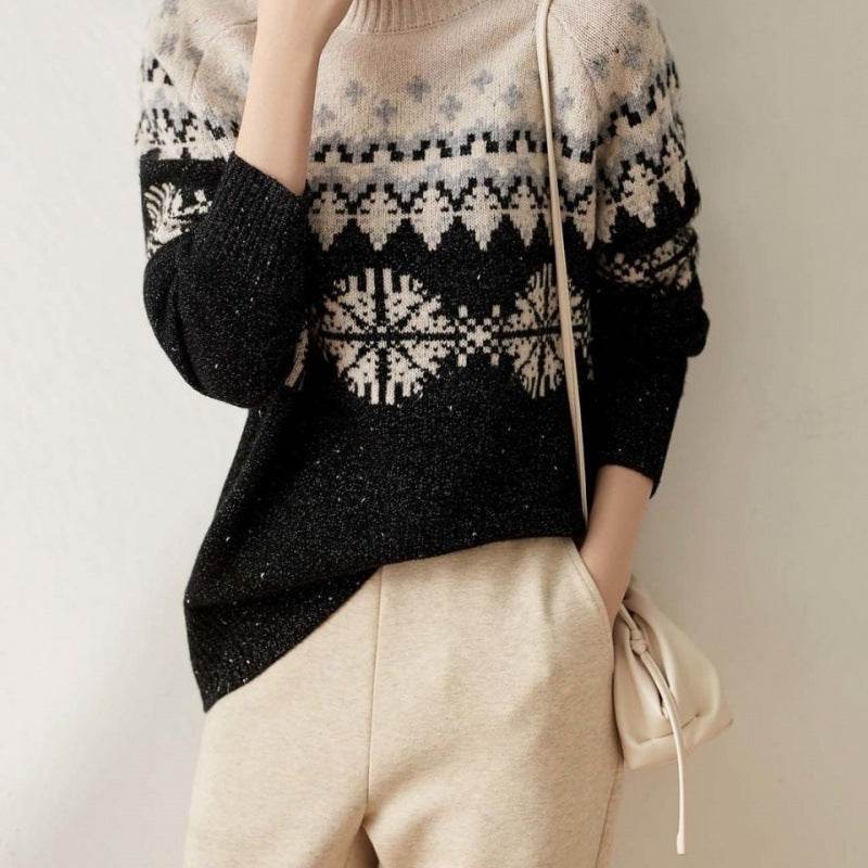Autumn And Winter Spring New Half Turtleneck Knitted Snowflake Retro Loose Sweater - Velora