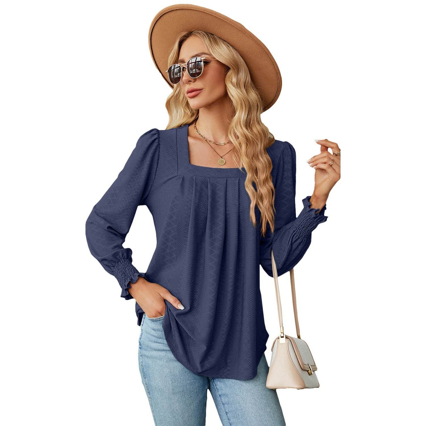 New Jacquard Pleated Square Neck T-shirt Fashion Solid Color Long Sleeve Pullover Tops Womens Clothing - Velora