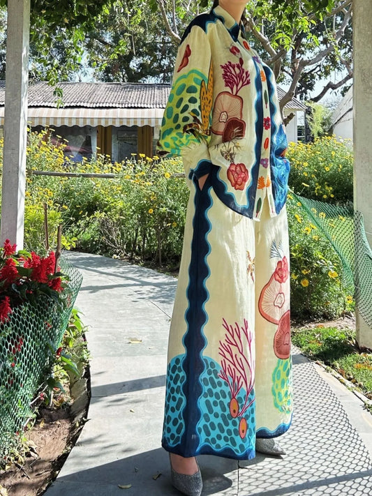 Printed Collared Neck Shirt and Wide Leg Pants Set - Velora