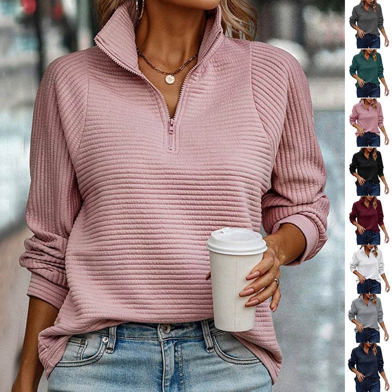 Zipper Stand Collar Pullover Sweatshirt Fashion Solid Striped Long Sleeve Top Spring And Autumn Women's Clothing - Velora