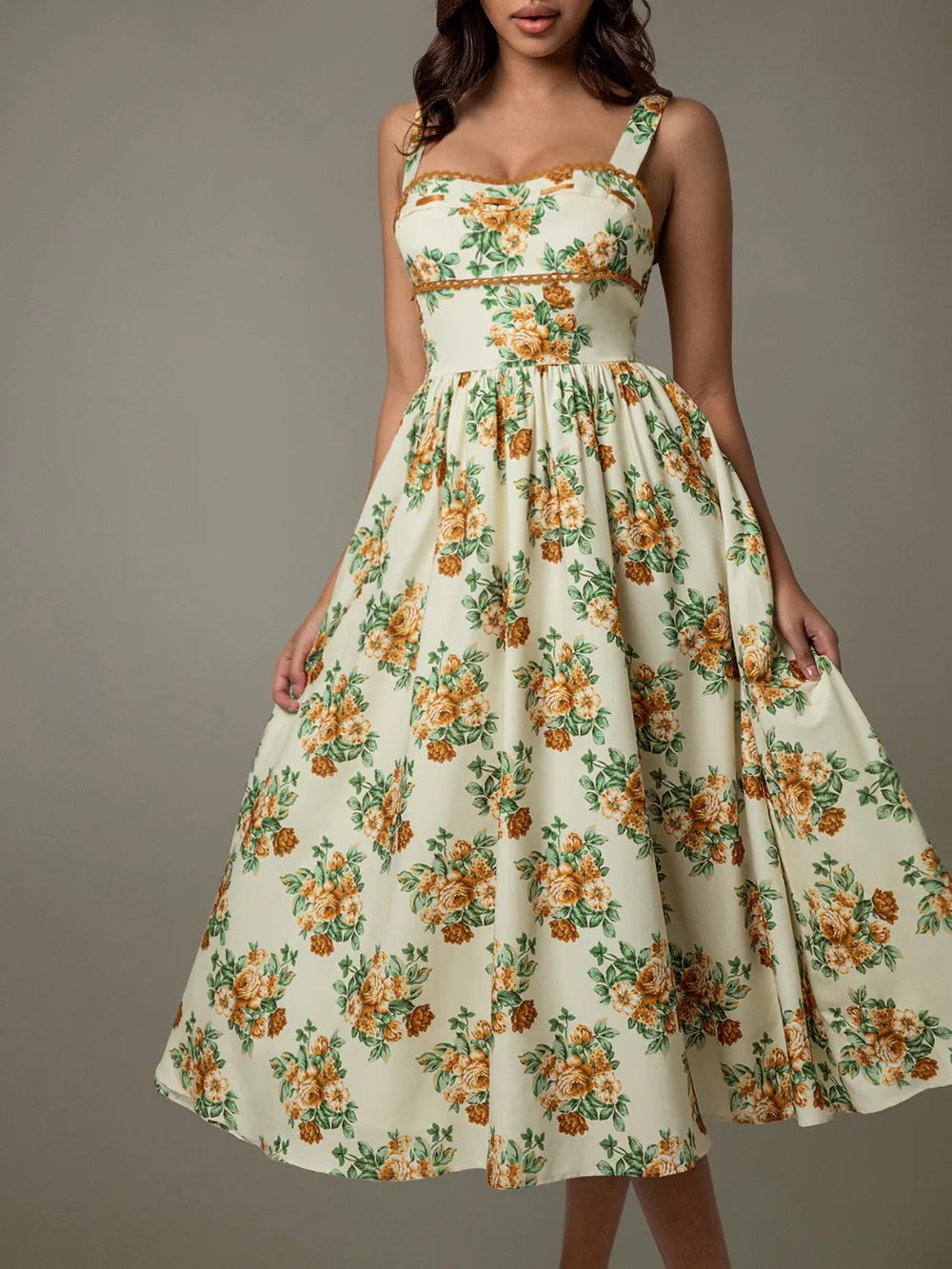 Lace Trim Floral Sleeveless Midi Dress - Velora