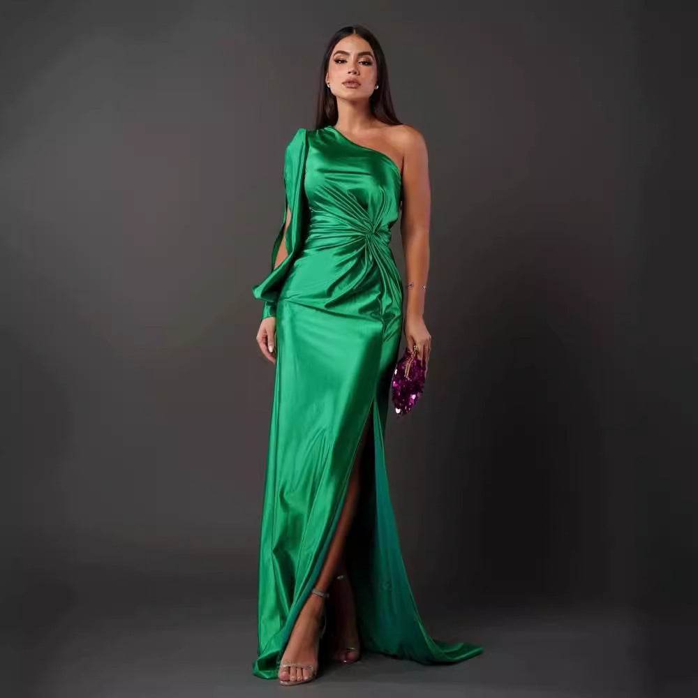 Women's One-shoulder Split Dress Ins Fashion Long-sleeved Slim Long Dresses Party Evening Clothing - Velora