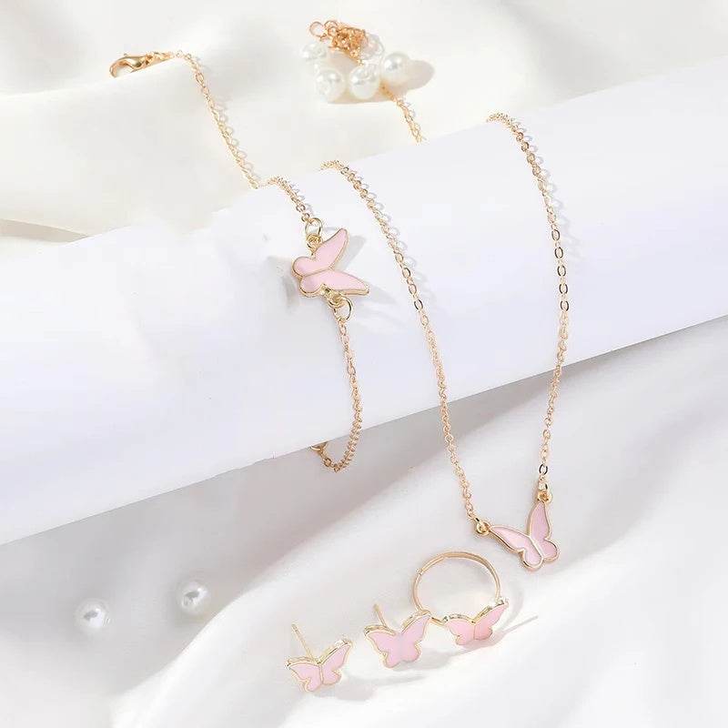 5PCS Fashion Butterfly Pendants Necklace Earrings Ring Bracelet Sets For Women Jewelry Set Bridal Wedding Jewelry Gift - Velora