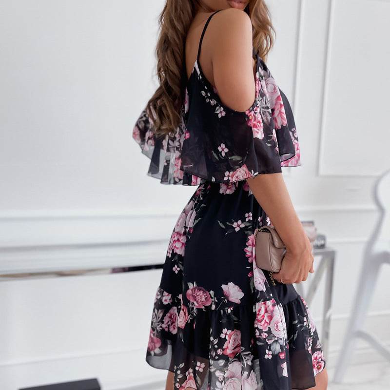 Flower Printed Ruffled Suspender Dress Summer Off-the-shoulder Strap Dresses Women - Velora