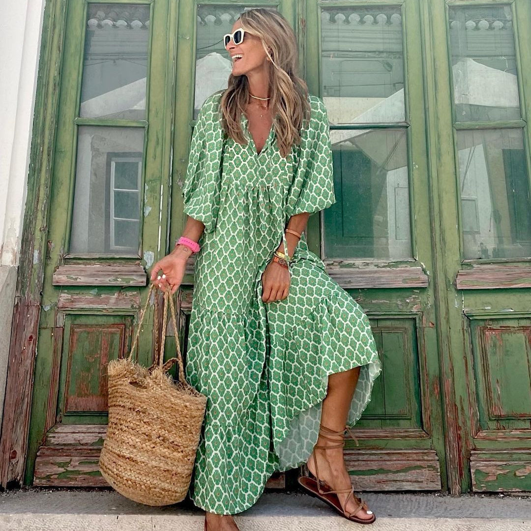 Summer Women's Vintage Printed Bohemian Dress Elegant Ladies Casual Loose V-Neck Short Sleeve Long Dresses Velora