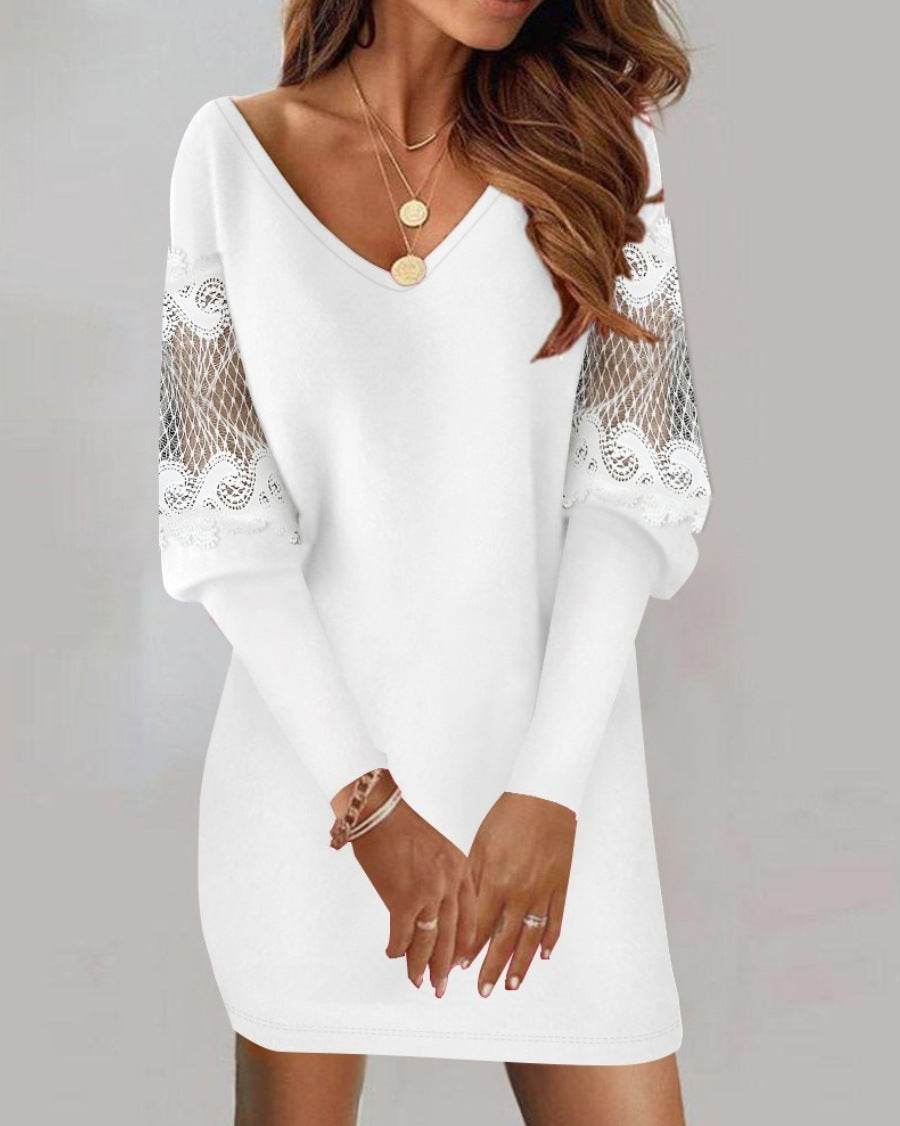 Long-sleeved V-neck Dress Spring And Autumn New Style Lace Splicing Dress For Womens Clothing - Velora
