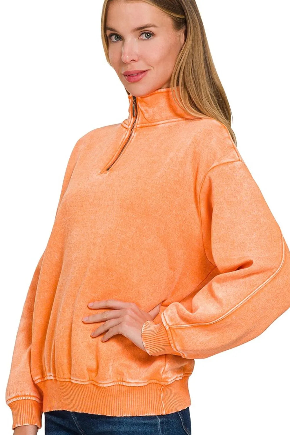 Zenana Acid Wash Fleece Half Zip Pullover Sweatshirt - Velora