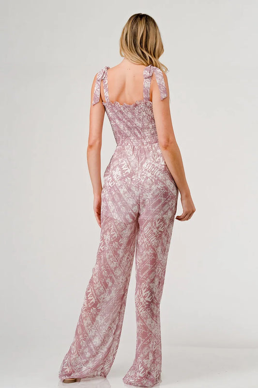 GeeGee Printed Tie Shoulder Wide Leg Jumpsuit - Velora