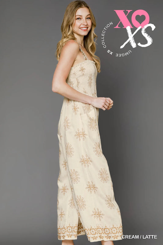Umgee Smocked Printed Wide Leg Jumpsuit - Velora
