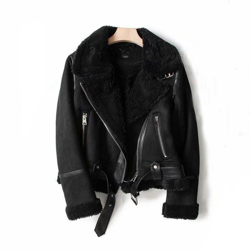 WInter Lapel Jacket Suede Lamb Wool Warm Coat Motorcycle Clothing Women Outwears - Velora