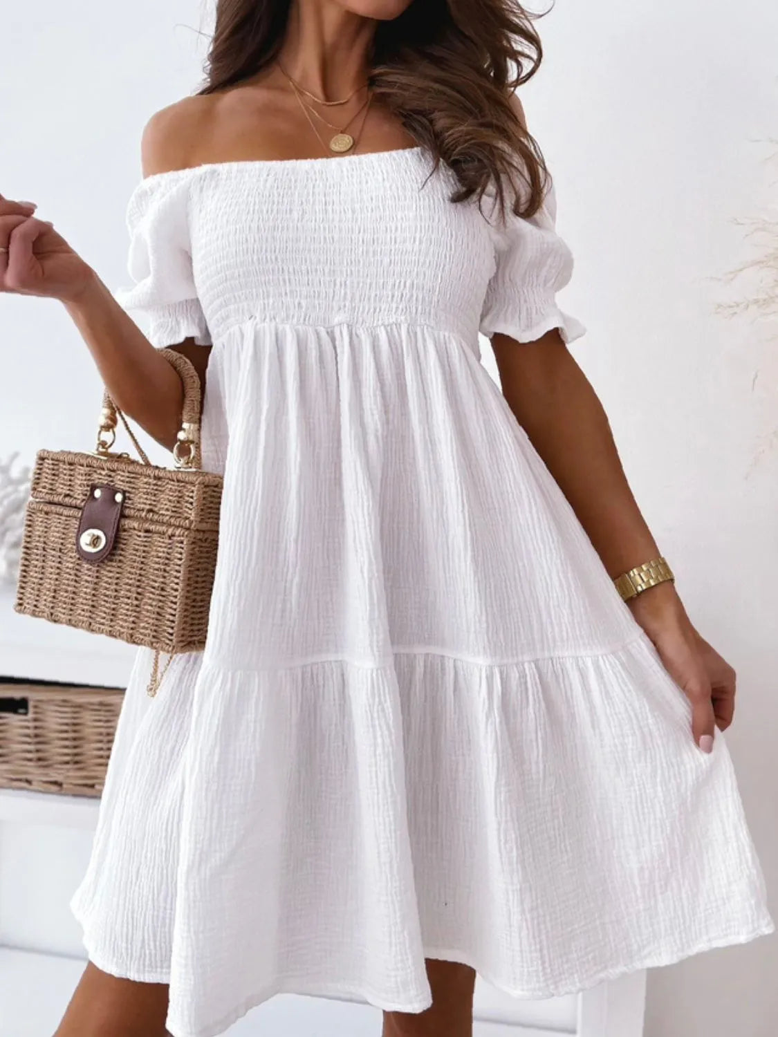 Smocked Off-Shoulder Mini Dress - Velora