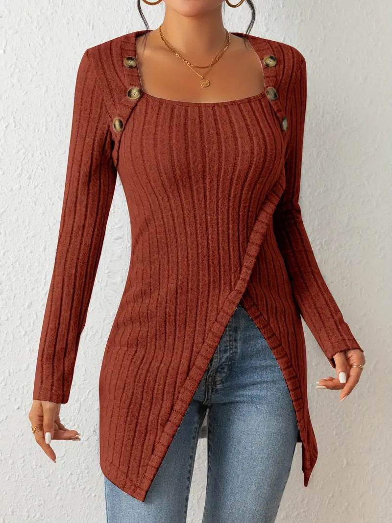 Square Collar Irregular Knitted Top With Button Design Fashion Solid Long-sleeved Long Top For Women Clothing - Velora
