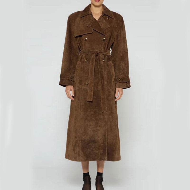Double Breasted Lapel Shift Coat With Belt Fashion Vintage Suede Long Coat Winter Outwear Women's Clothing - Velora