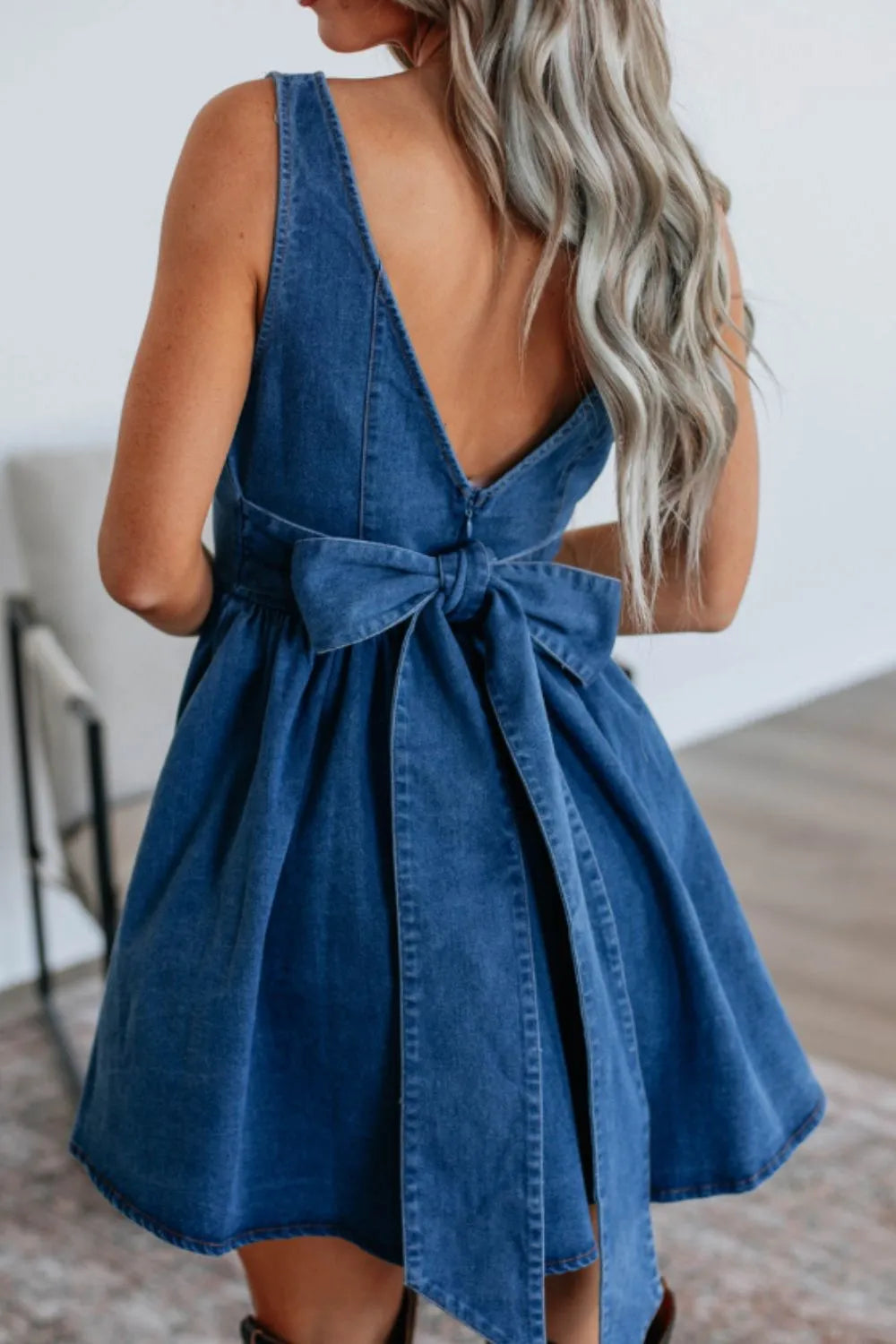 V-Back Bow Tie Denim Skater Dress - Velora