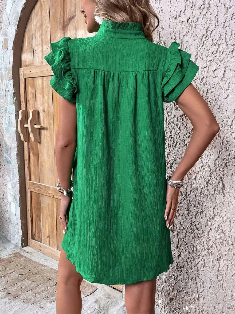 Ruffled Notched Cap Sleeve Mini Dress - Velora