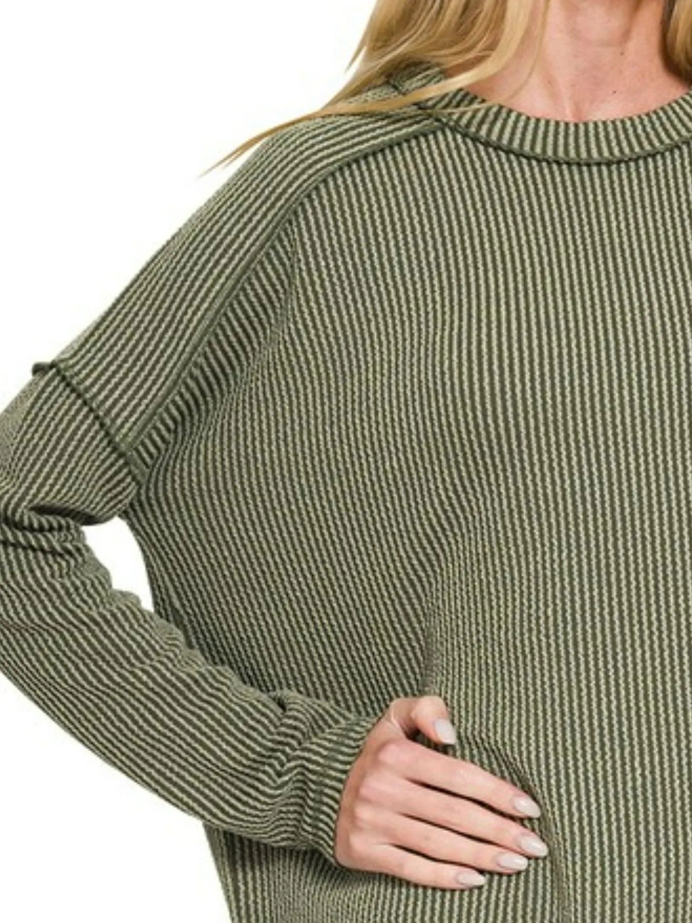Zenana Full Size Exposed Seam Long Sleeve Corded Rib Knit Top Plus Size - Velora