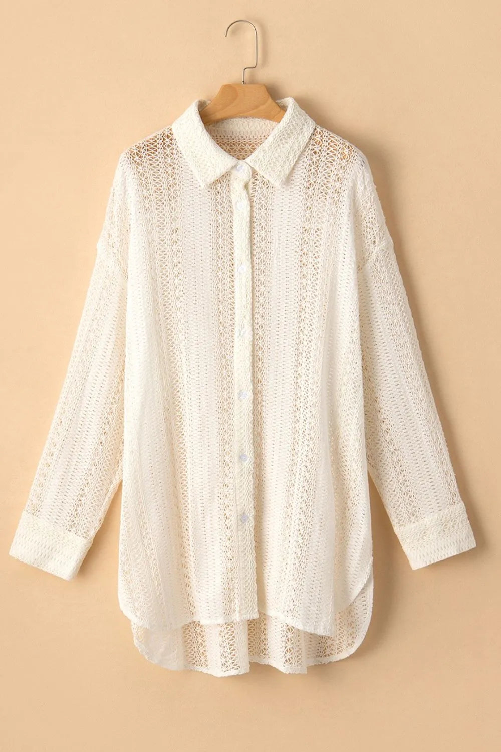 Lace Crochet Collared Neck Oversized Shirt - Velora