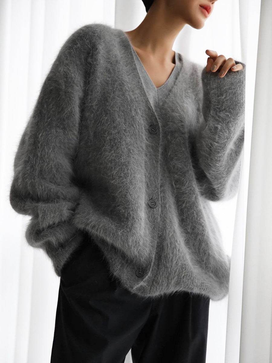 Loose V-neck Button Cardigan Fall Winter Fashion Single Breasted Knitted Sweater Top Women's Clothing - Velora