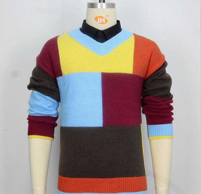 Fashion Youth Men's Knitwear V-neck Color-block Long Sleeve Pullover - Velora