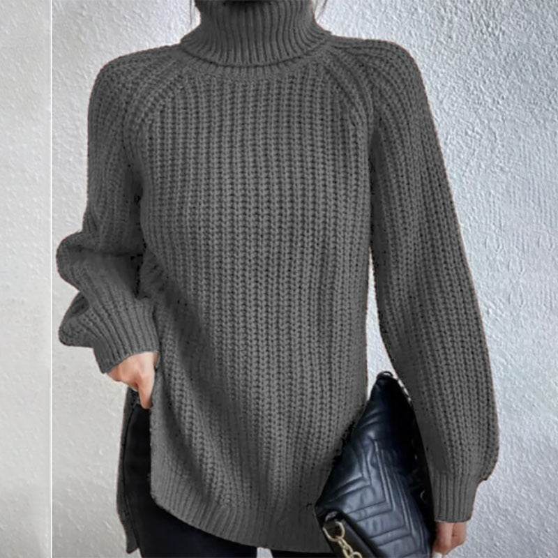 Turtleneck Pullover Sweater With Split Design Fashion Simple Solid Color Long Sleeve Tops Women's Clothing - Velora