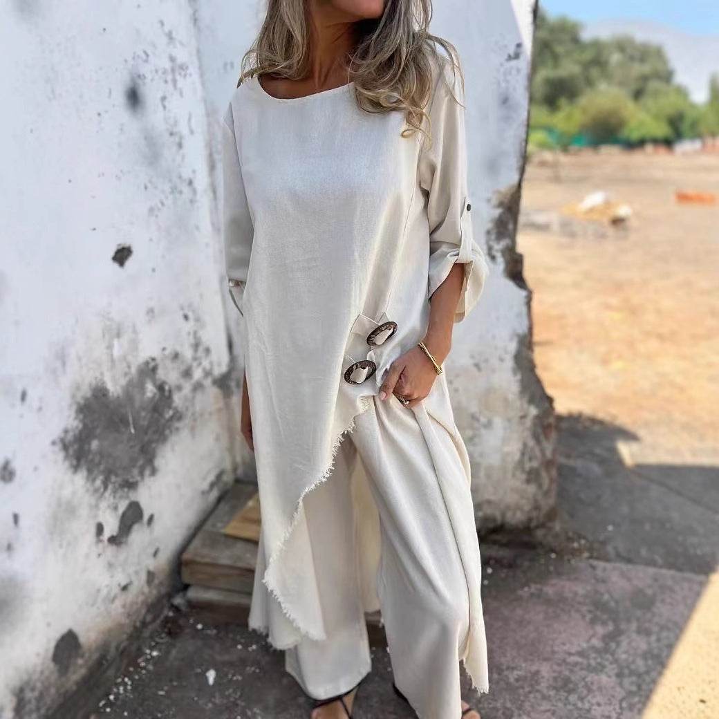 Loose Irregular Long Suit With Metal Button Design Round Neck Long-sleeved Top And Straight Trousers Fashion Wide-leg Pants Women's Clothing - Velora