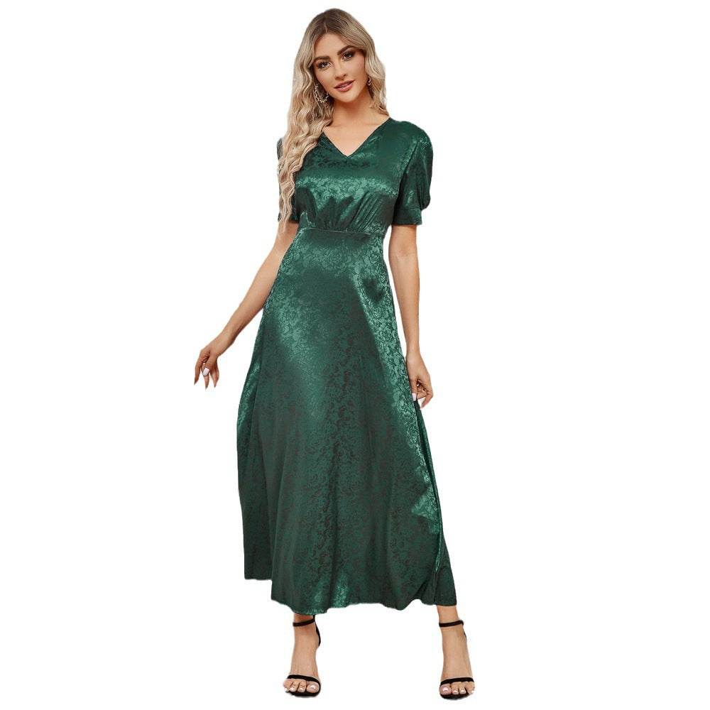 High Waist Pure Color V-neck Puff Sleeve Dress - Velora