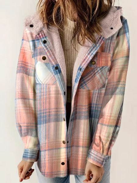Casual Plaid Hooded Woolen Coat Thickened Fleece-lined Warm Jacket - Velora
