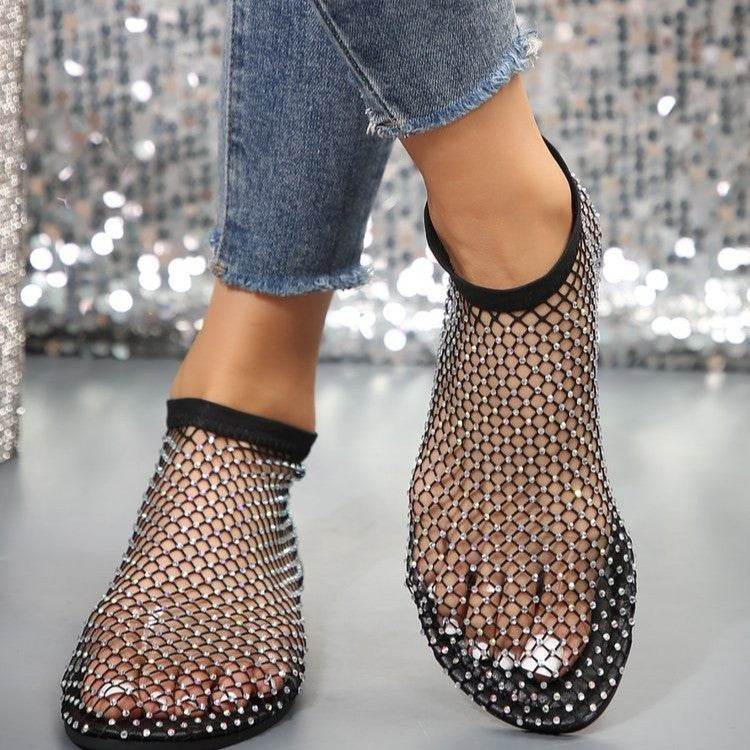 New Hollow Flat Sandals With Rhinestone Design Summer Fashion Round Toe Shoes For Women - Velora