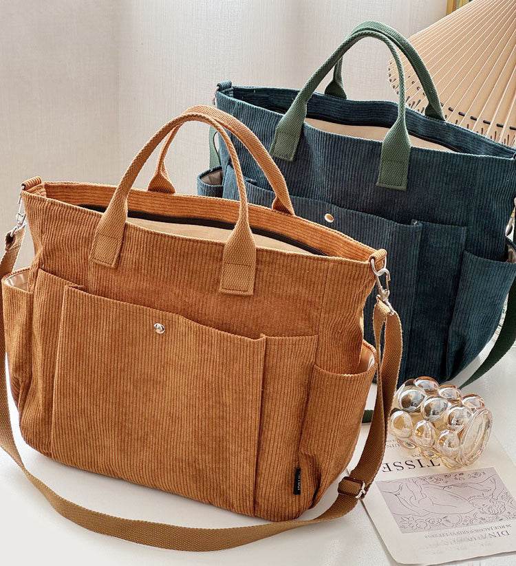 Thick Corduroy Shoulder Bags Simple All-match Commute Totes Student Leisure Artistic Portable Messenger Bag - Velora