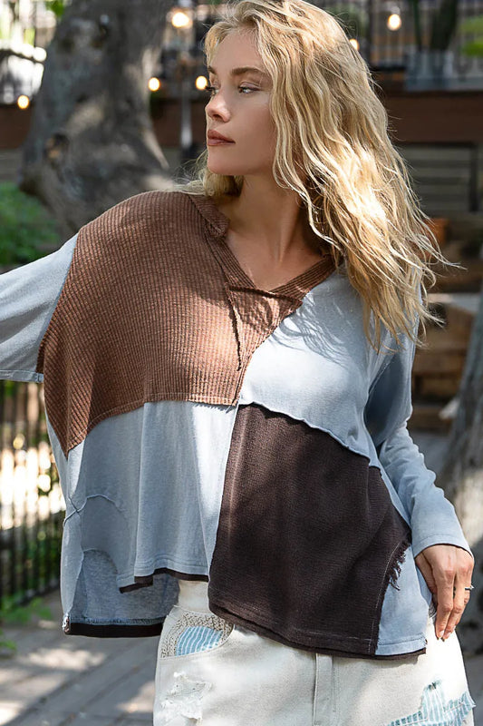 POL Color Block Notched Long Sleeve T-Shirt - Velora