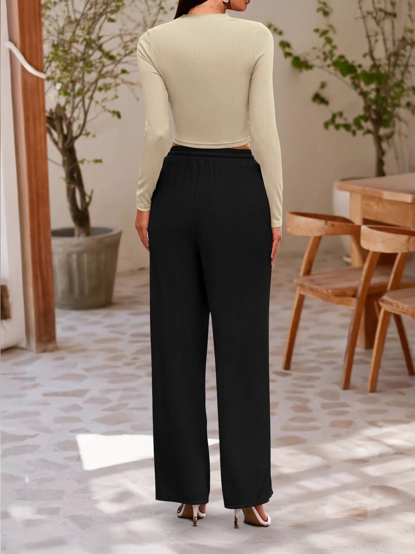 Round Neck Long Sleeve Top and Pants Set - Velora