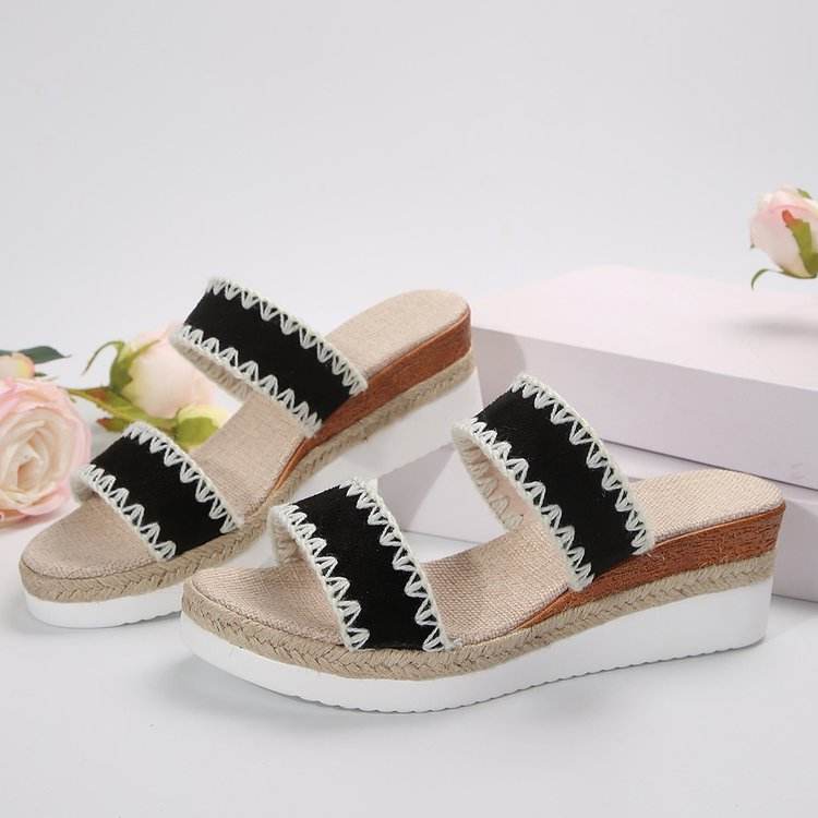 New Hemp Rope Woven Wedge Slippers Summer Ethnic Style Sandals Double Wide Strappy Shoes For Women - Velora