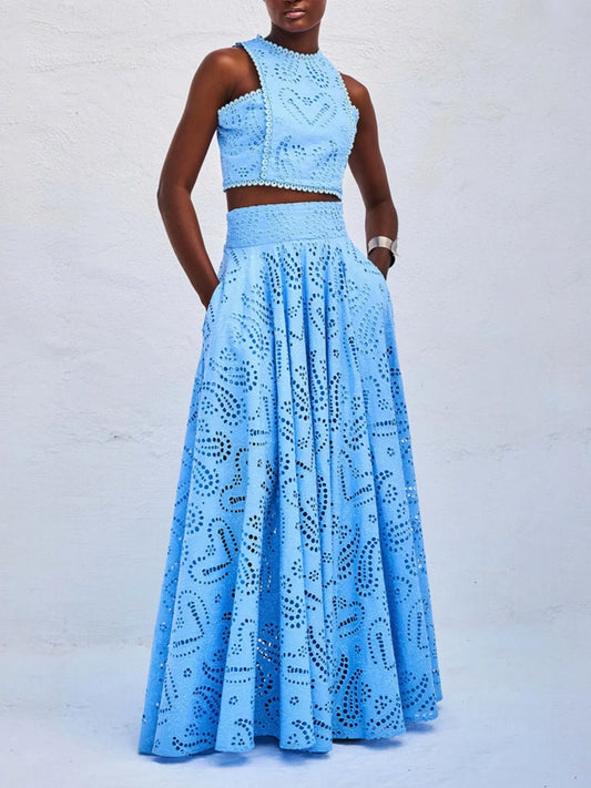 Eyelet Lace Top and Maxi Skirt Set - Velora