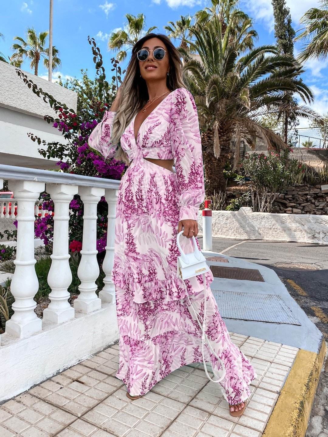 Elegant Women's Hollow Floor V-neck Long-sleeved Plant Dress Long Dresses Spring Summer Print V-neck Long Sleeve Dress - Velora
